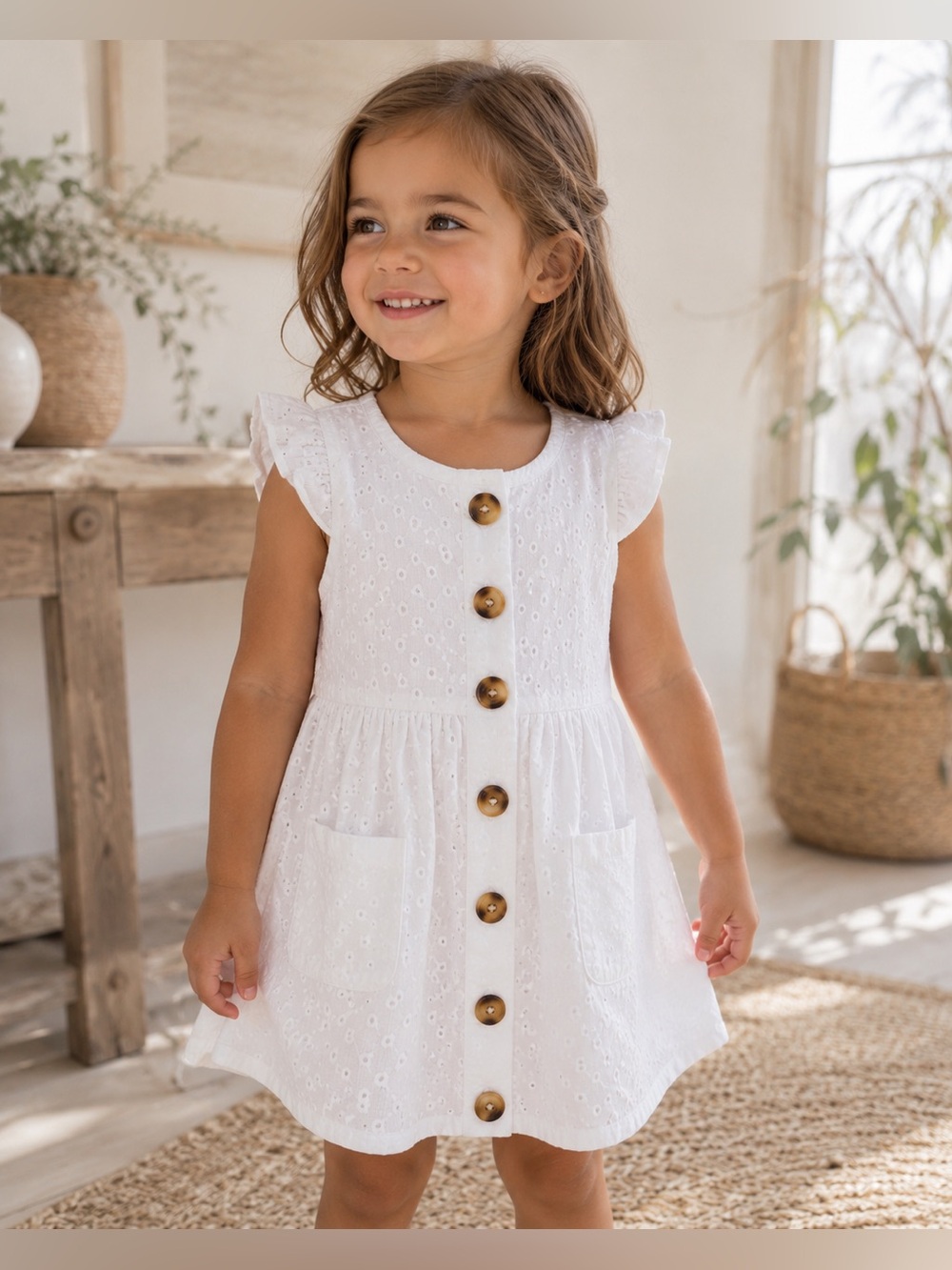Little Lass White Eyelet Cotton Dress 2T‎ Lined Button Front Summer